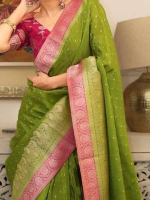 olive silk blend saree with printed zari border work 2