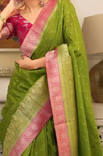 olive silk blend saree with printed zari border work
