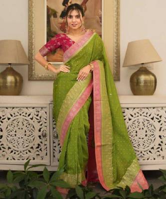 olive silk blend saree with printed zari border work 3