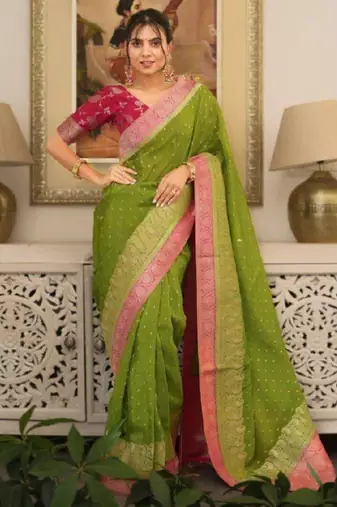 olive silk blend saree with printed zari border work