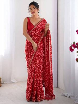 red georgette saree with tie dye print work 1