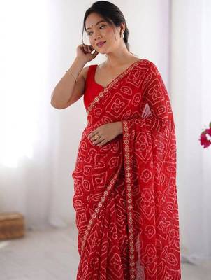 red georgette saree with tie dye print work 4