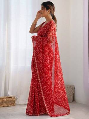 red georgette saree with tie dye print work 5