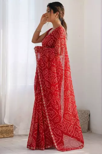 red georgette saree with tie dye print work