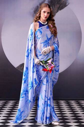 Sky blue satin printed saree