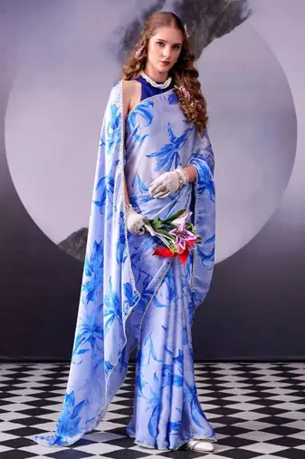 Sky blue satin printed saree