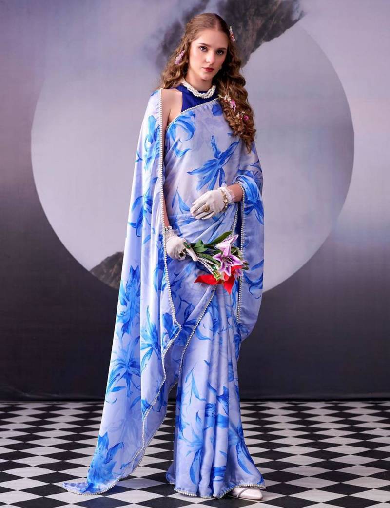 Sky blue satin printed saree