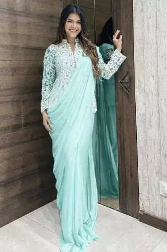 Sky blue silk blend embroidered saree