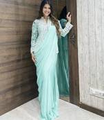 Sky blue silk blend embroidered saree