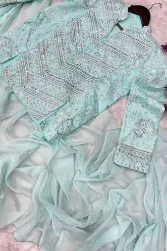 sky blue silk blend saree with embroidery work