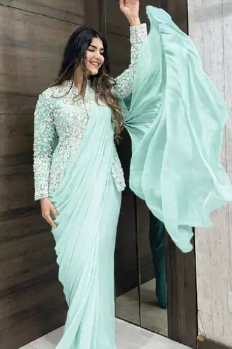 sky blue silk blend saree with embroidery work