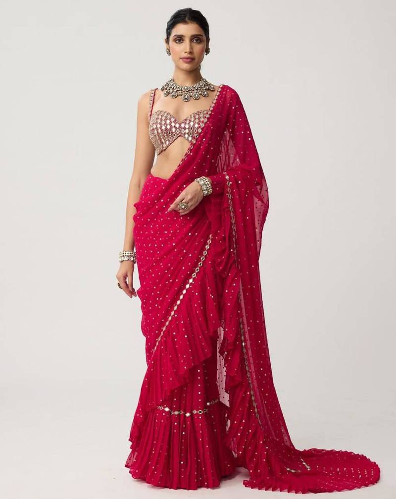 Pink georgette embroidered saree