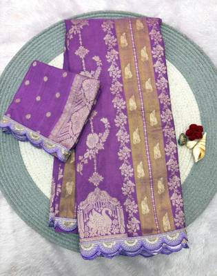 purple silk blend saree with zari border work 1