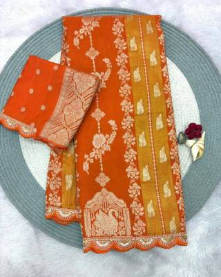orange silk blend saree with zari weaving work 1
