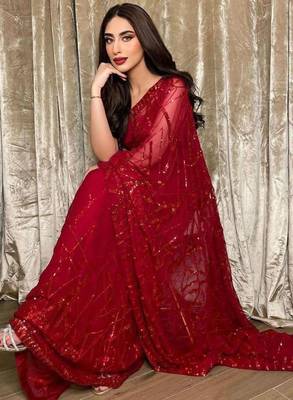 red georgette saree with sequins embroidery work 1