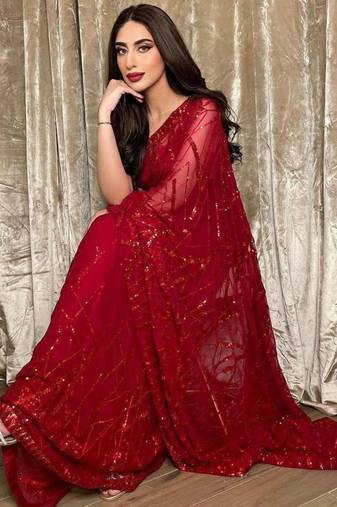 Red georgette sequin saree with blouse