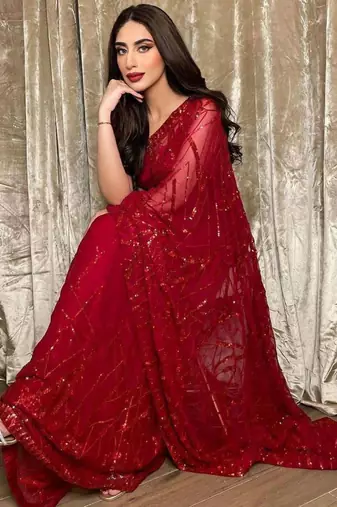 Red georgette sequin saree with blouse