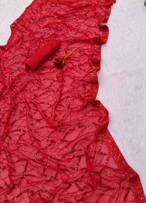 red georgette saree with sequins embroidery work 2