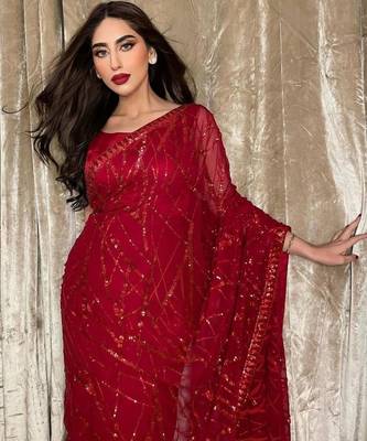 red georgette saree with sequins embroidery work 3