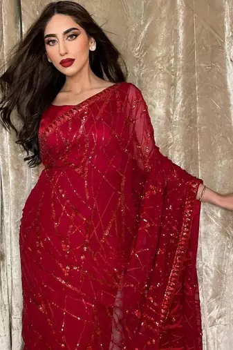 red georgette saree with sequins embroidery work