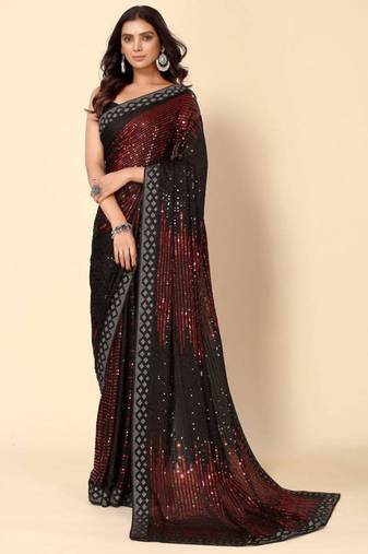 Maroon and black party wear georgette saree with stunning heavy sequin embroidery