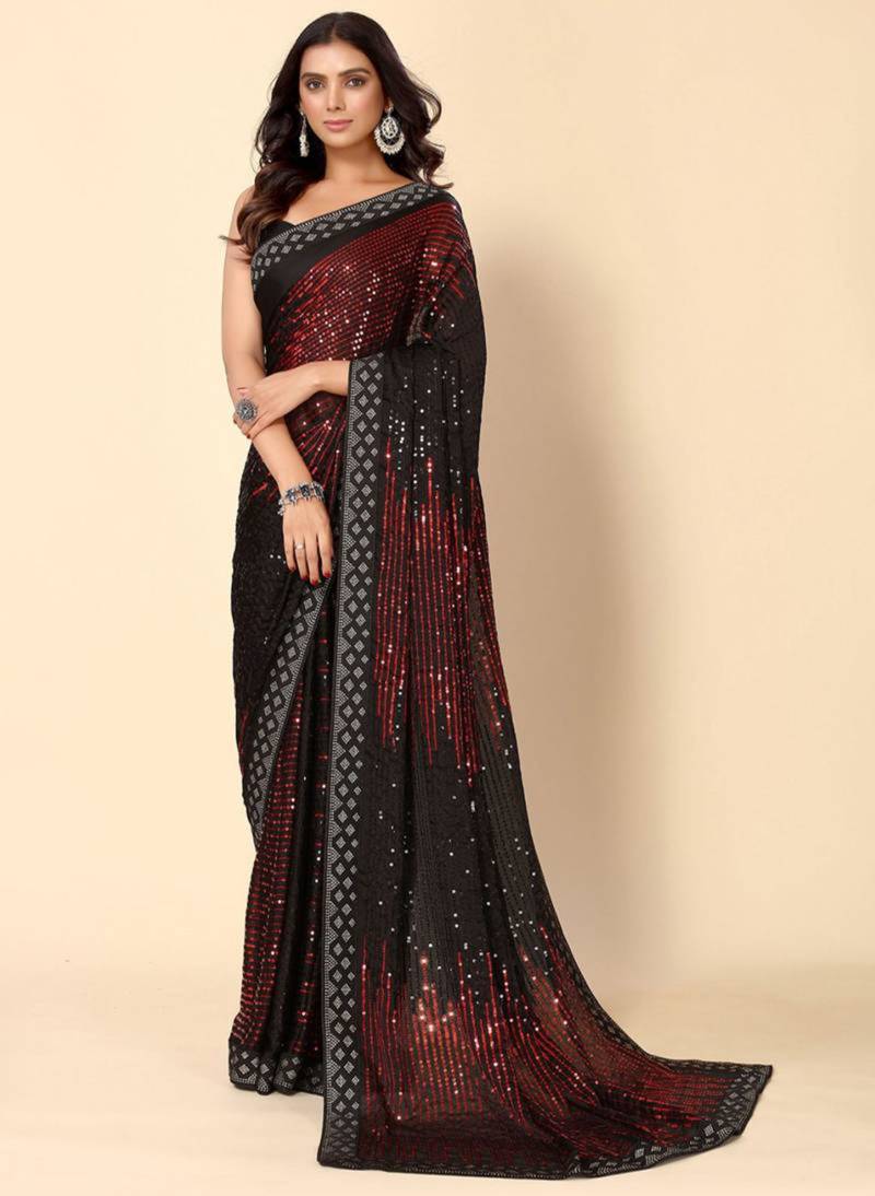 Maroon and black party wear georgette saree with stunning heavy sequin embroidery