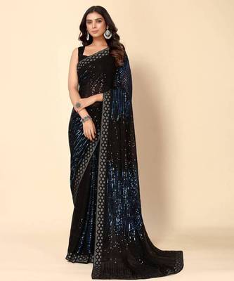 royal blue georgette saree with sequin embroidery 1