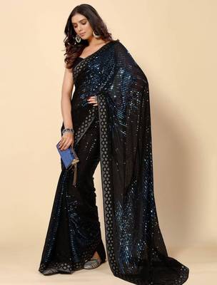 royal blue georgette saree with sequin embroidery 4