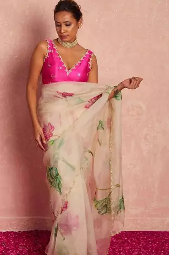 White soft tabby organza flower print with handwork saree with unstitched blouse