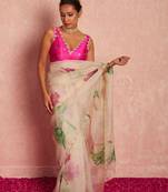 white organza saree with floral print handwork