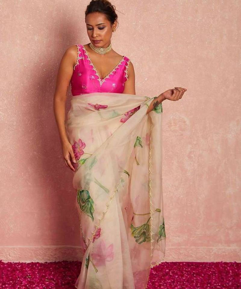White soft tabby organza flower print with handwork saree with unstitched blouse