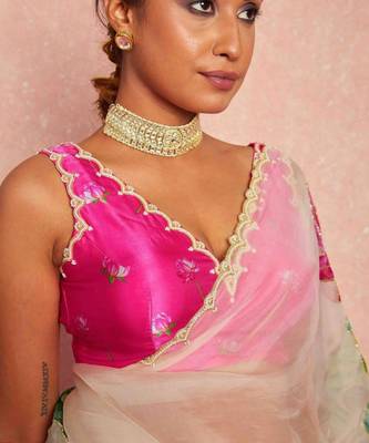 white organza saree with floral print handwork 3