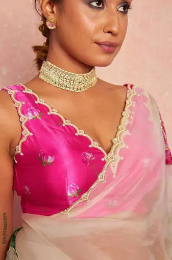 white organza saree with floral print handwork