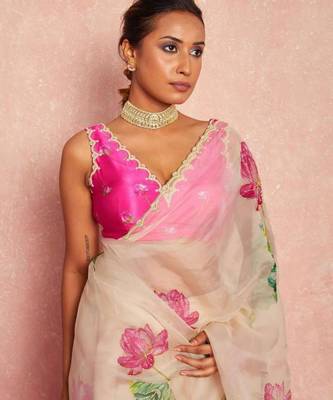 white organza saree with floral print handwork 4