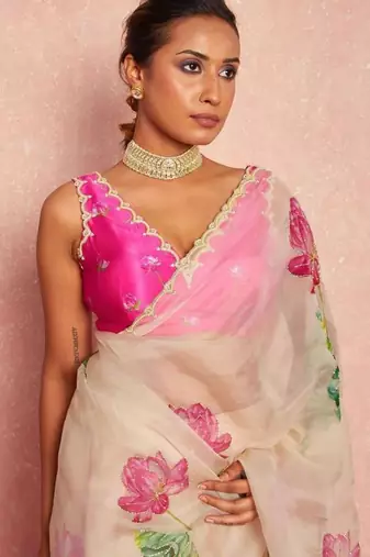 white organza saree with floral print handwork