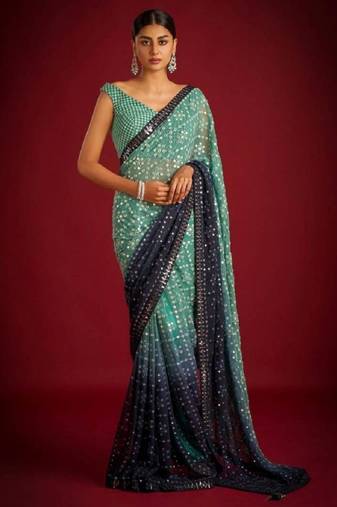 Green and blue georgette saree