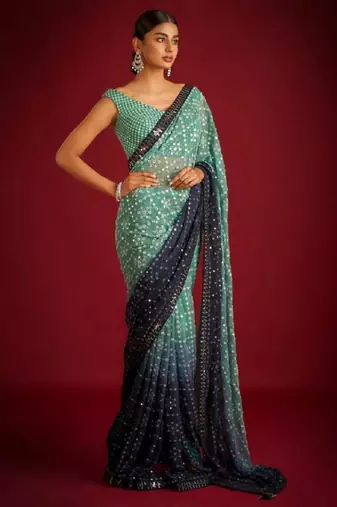 green blue georgette saree with sequin embroidery