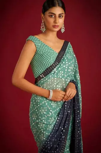 green blue georgette saree with sequin embroidery