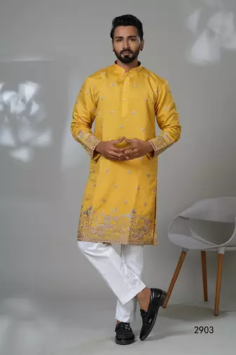 yellow cotton poly kurta set with embroidered work

