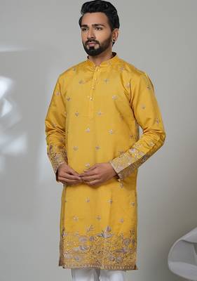 yellow cotton poly kurta set with embroidered work


 1