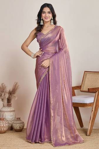 lilac satin chiffon saree with heavy embroidered border


