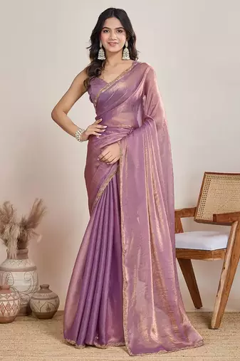 lilac satin chiffon saree with heavy embroidered border

