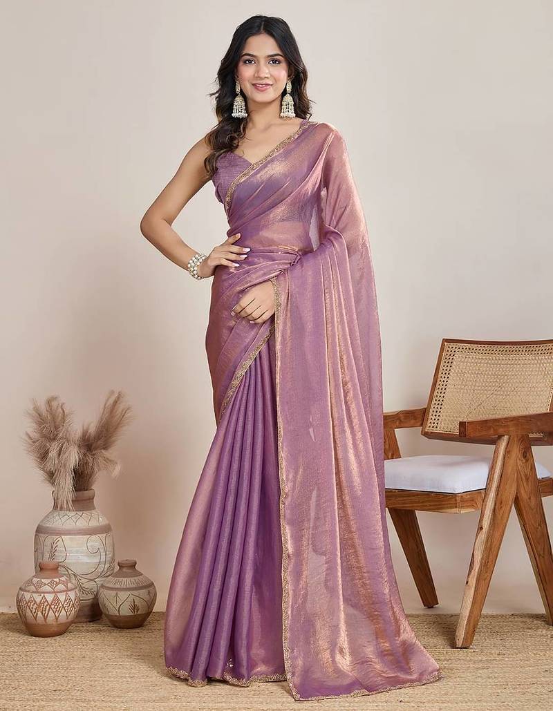 lilac satin chiffon saree with heavy embroidered border


