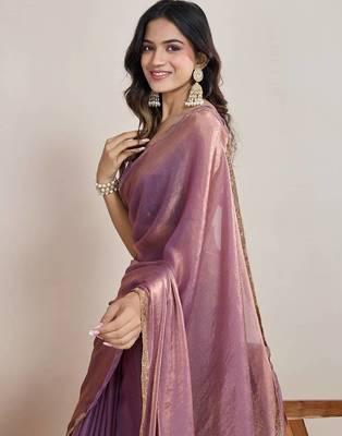 lilac satin chiffon saree with heavy embroidered border


 2