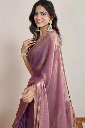 lilac satin chiffon saree with heavy embroidered border

