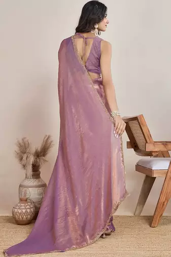 lilac satin chiffon saree with heavy embroidered border

