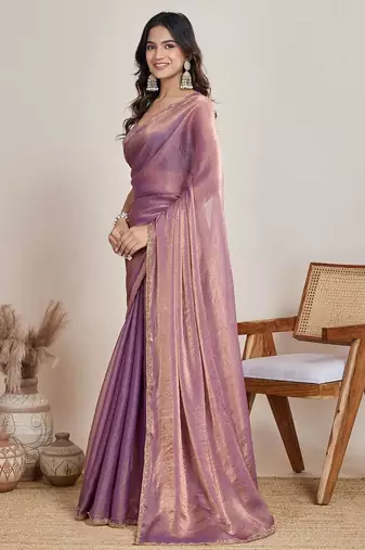 lilac satin chiffon saree with heavy embroidered border

