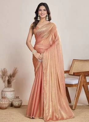 peach chiffon saree with hand embroidered lace border 1