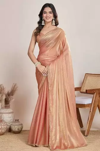 peach chiffon saree with hand embroidered lace border