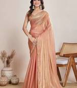 peach chiffon saree with hand embroidered lace border